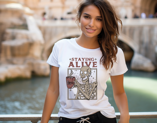Staying Alive Coffee Skeleton DTF Transfer